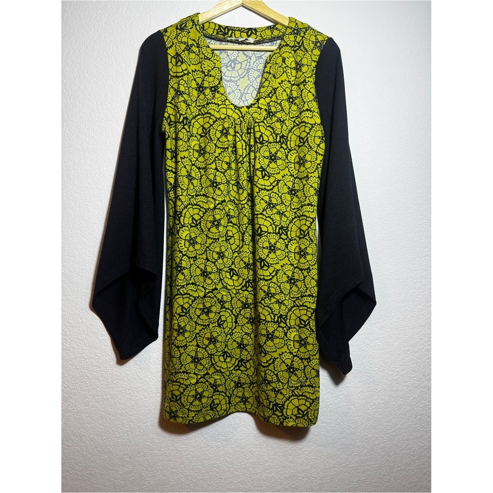 Aryeh Tunic Dress Womens L Chartreuse Black Floral Boho Long Sleeve Mini